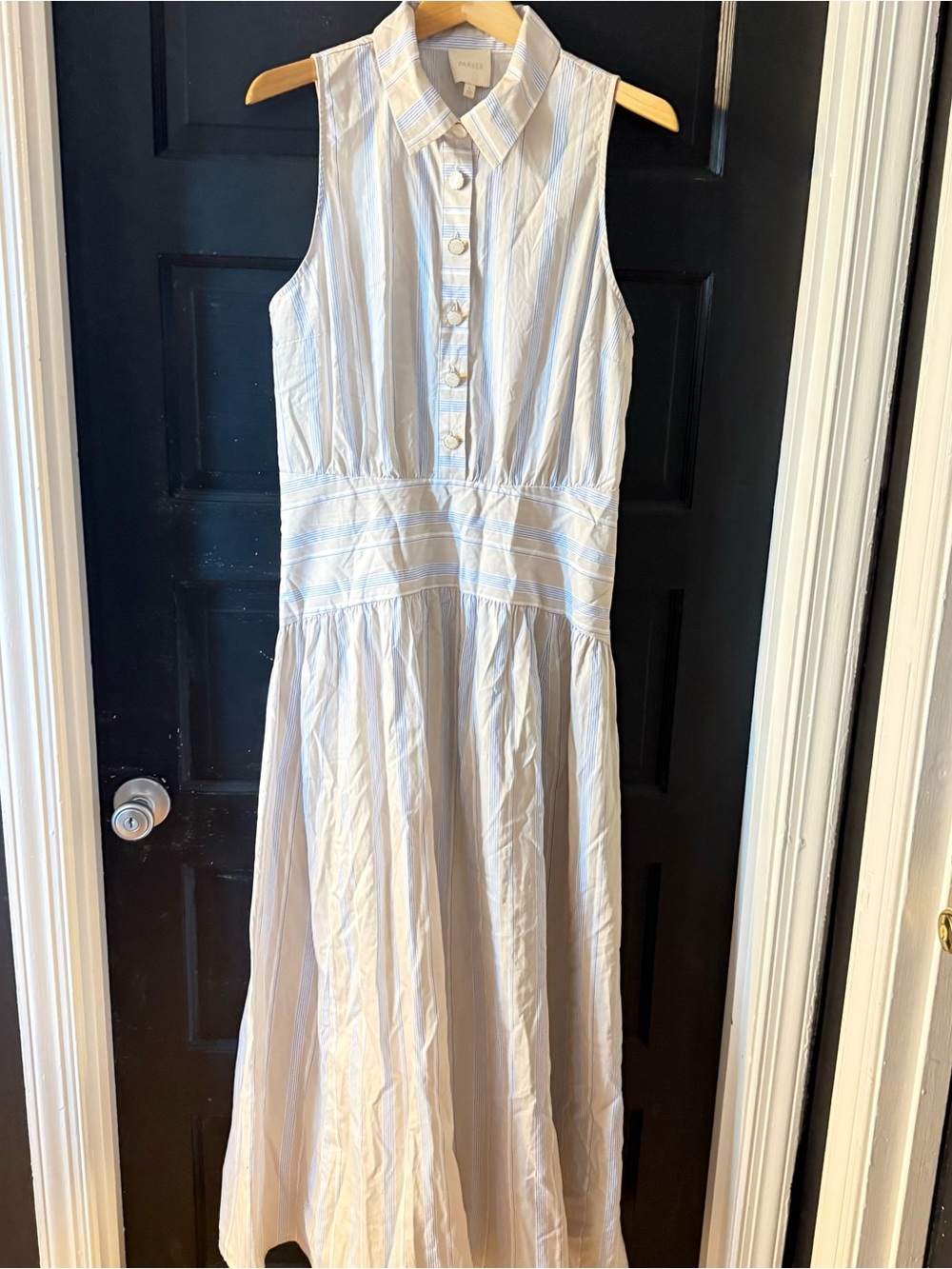 Parker Sleeveless Striped Shirt Dress in Light Blue and White